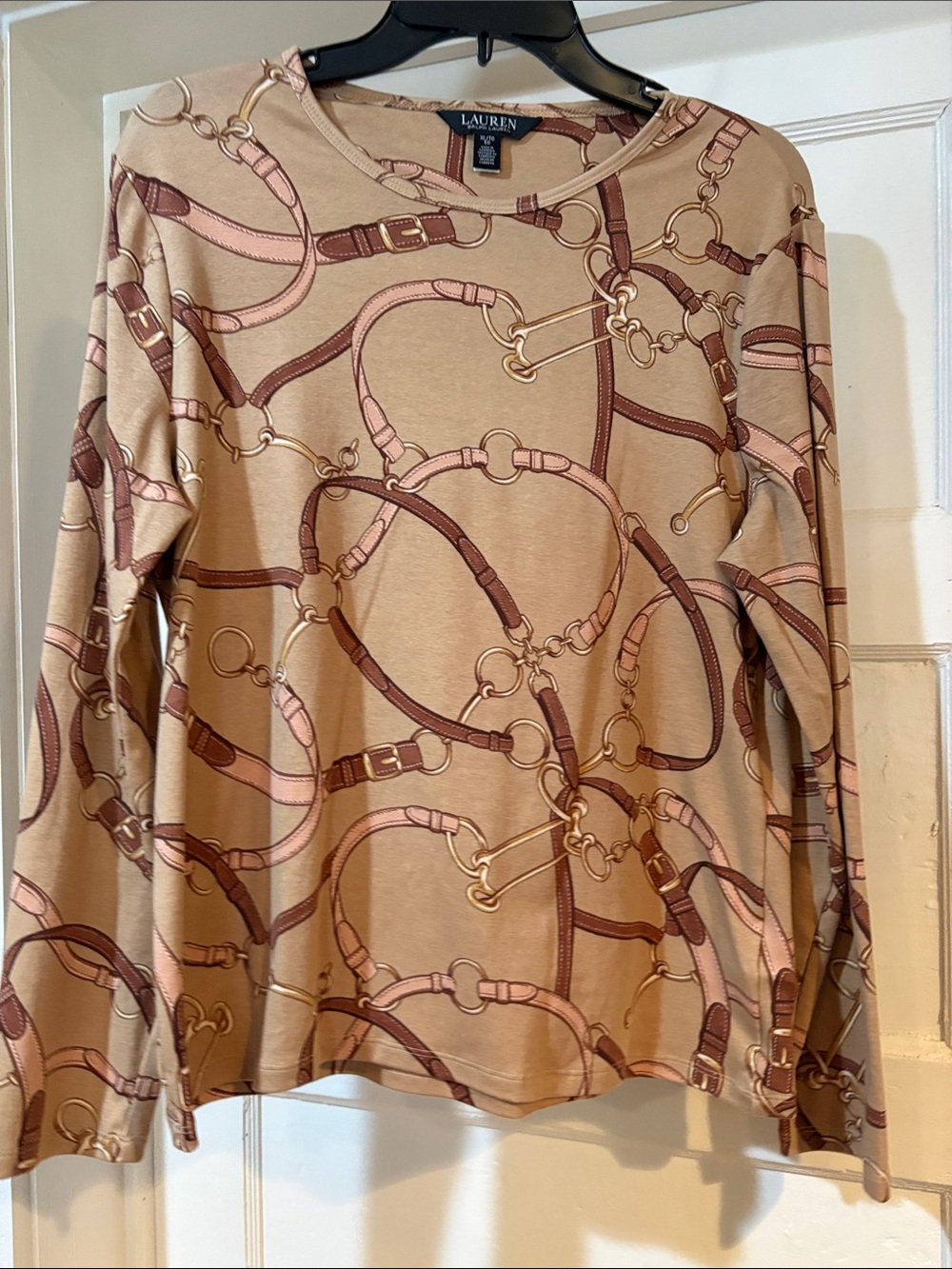 Lauren Ralph Lauren Beige & Pink Equestrian Chain Print Top XL